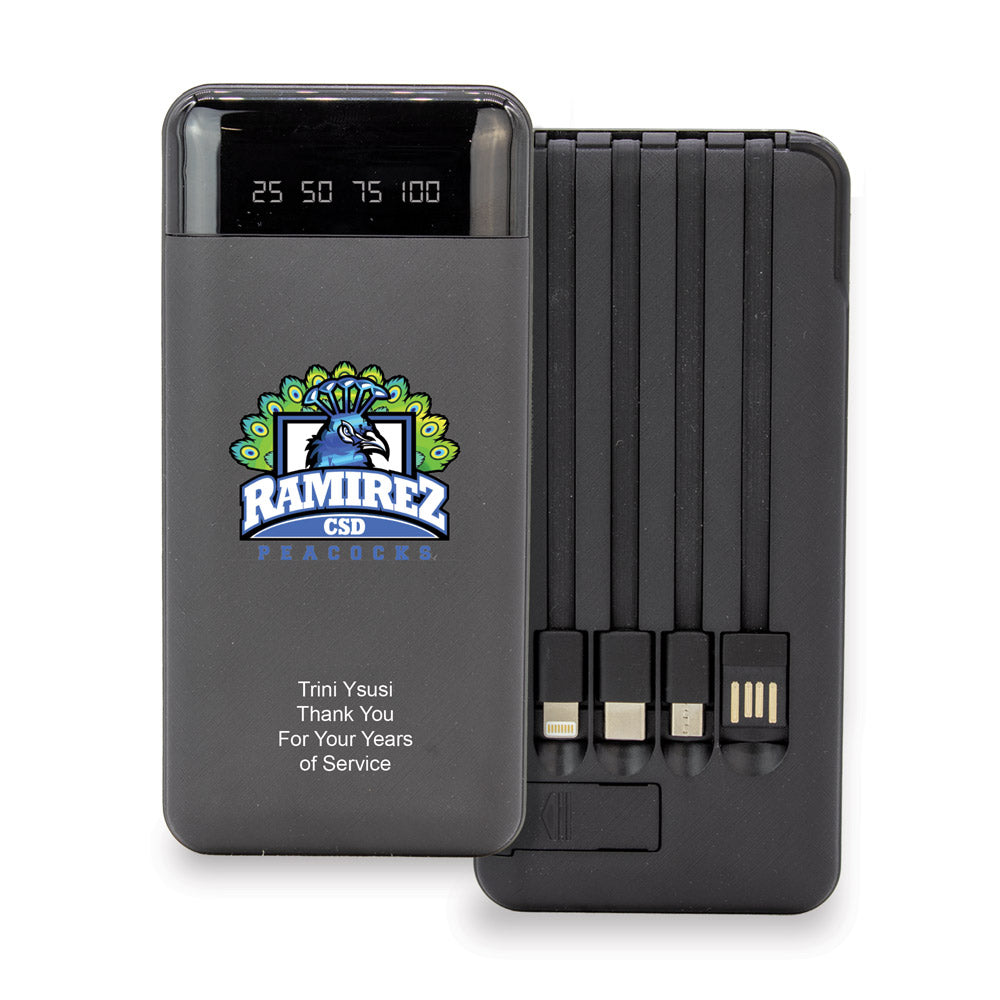 power bank with built-in charging cables and custom logo and personalization