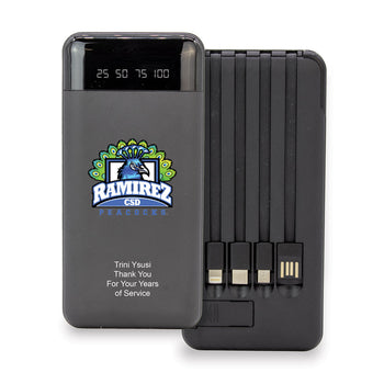 power bank with built-in charging cables and custom logo and personalization