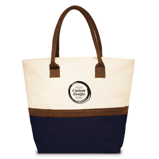 Two-tone jute tote bag with zippered main compartment and 7" handles, natural top with navy or red contrast base. 