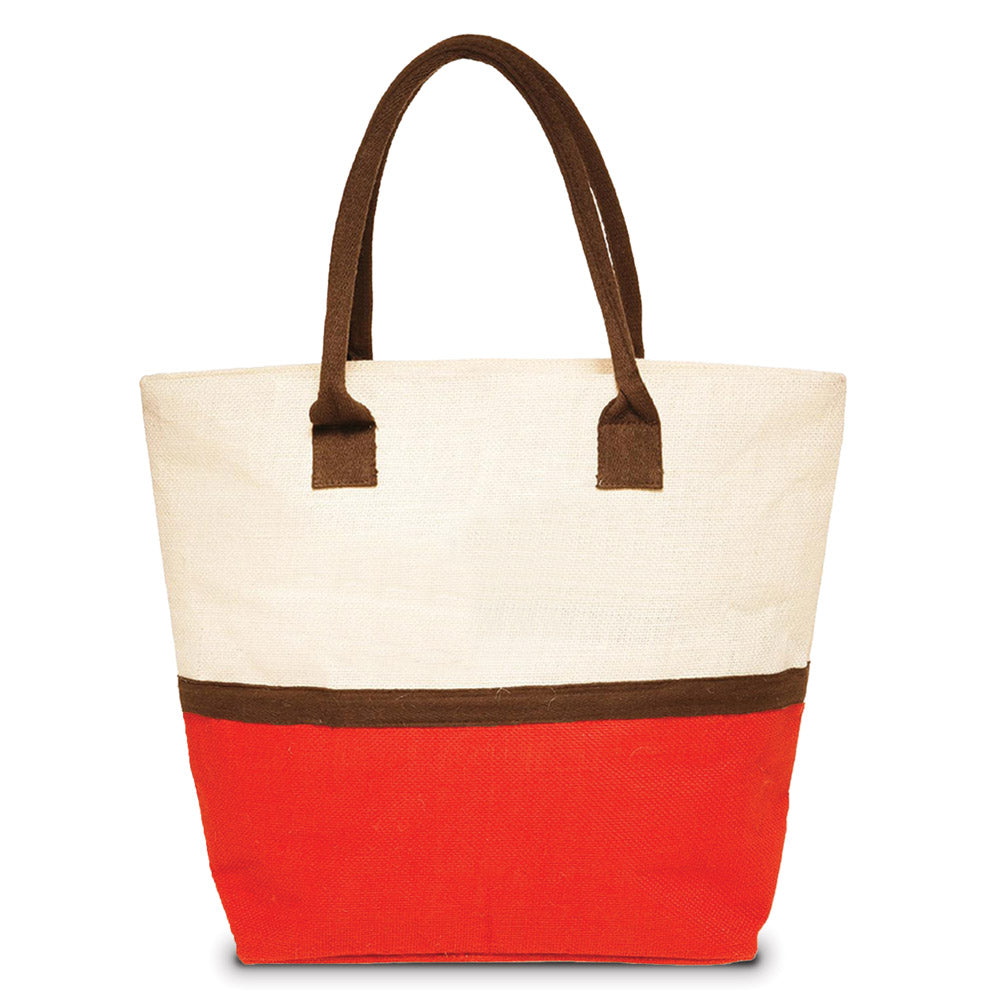 two-tone jute tote bag with red base