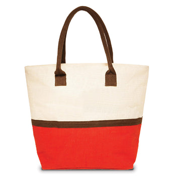 two-tone jute tote bag with red base