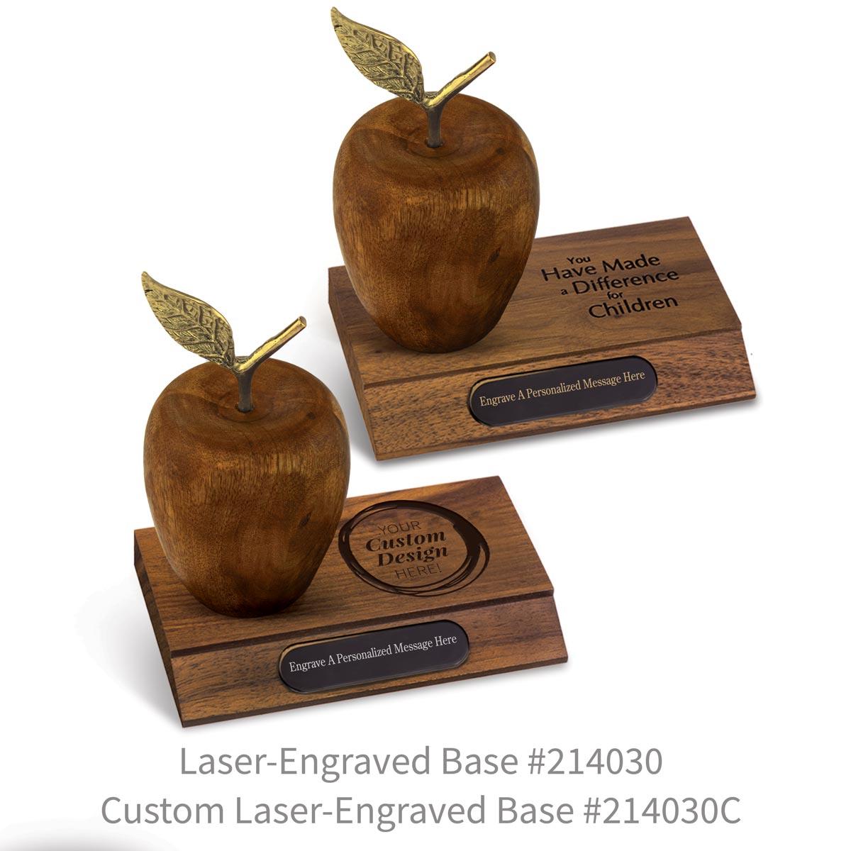 laser engraved walnut bases with acacia wood apples