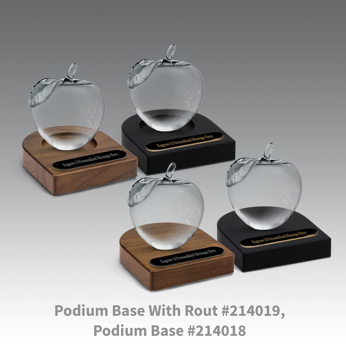 walnut podium bases with black brass plates and crystal apples