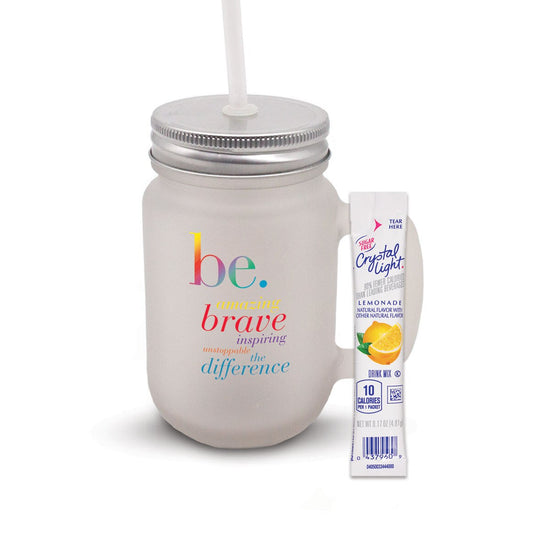 12 oz. Frosted Mason Jar with metal lid and white straw. Features the inspirational BE message.