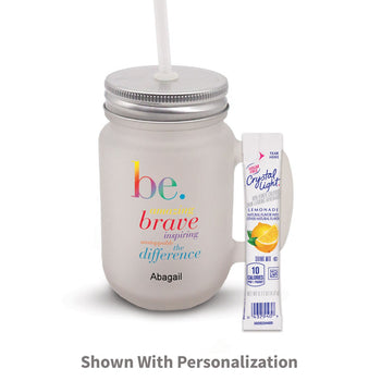 frosted mason jar with be collection message and lemonade packet