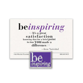be inspiring lapel pin with purple background and message card