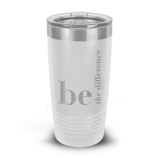 white stainless steel tumbler with be the difference message