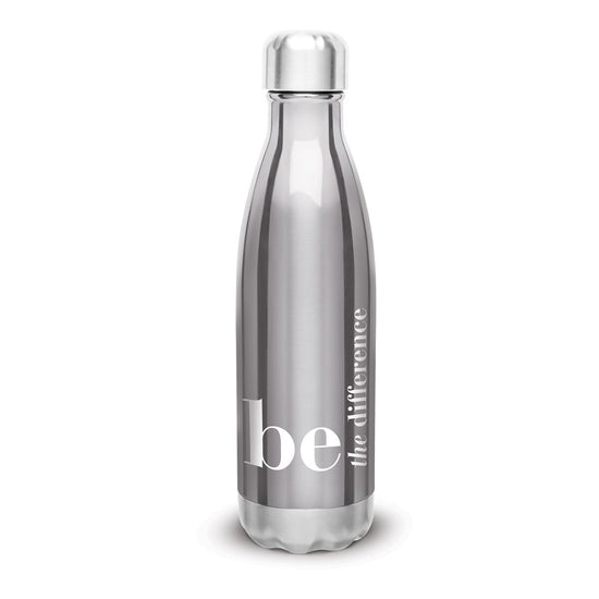 silver stainless steel water bottle with be the difference message