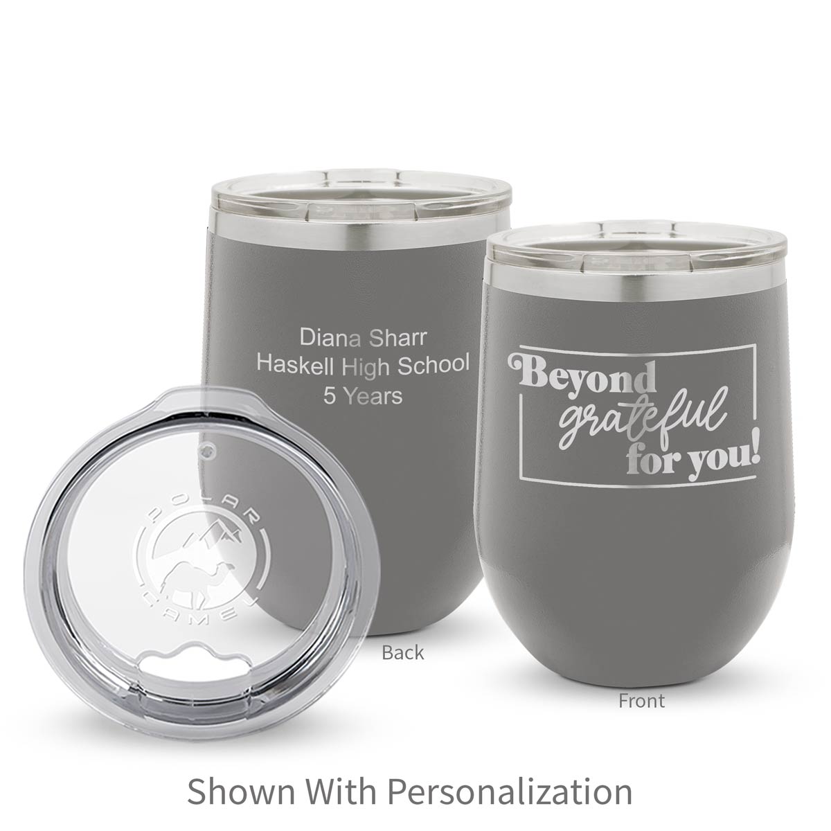 gray 12 oz. stainless steel tumblers with beyond grateful message and personalization