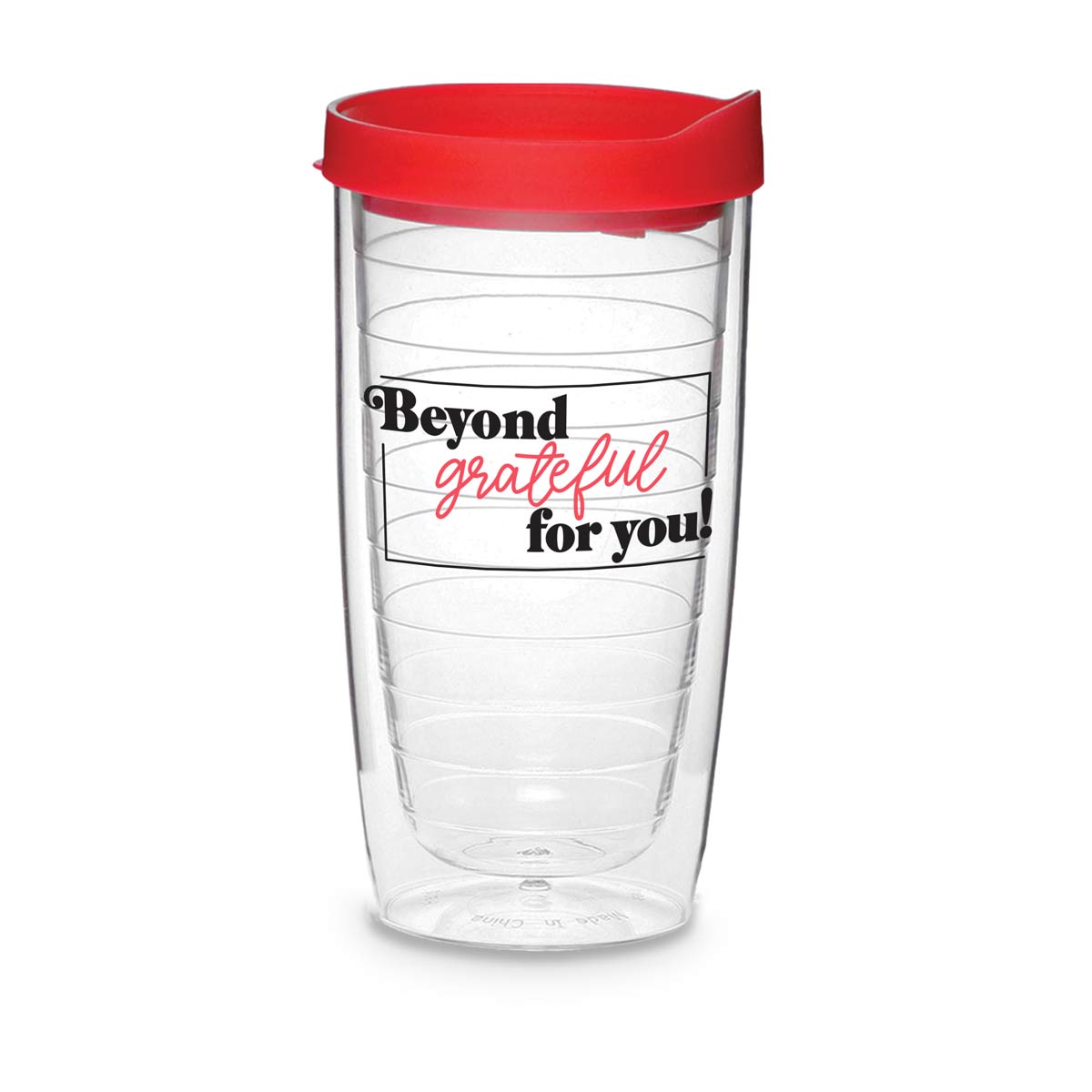 Double-wall acrylic tumbler with blue snap on lid and slide closure. Featured message Beyond Grateful For You.