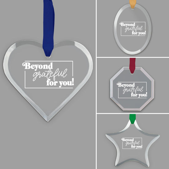 different shapes of crystal ornament with beyond grateful message and satin ribbon