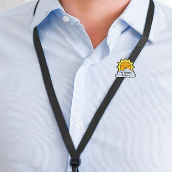 A Bright Future sun lapel pin with black lanyard