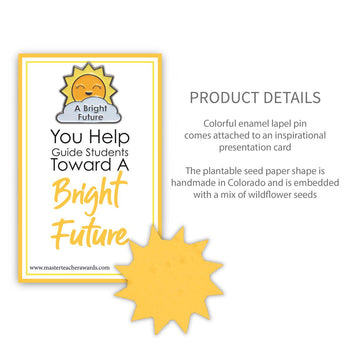 A Bright Future sun lapel pin and sun shape seed paper with product details