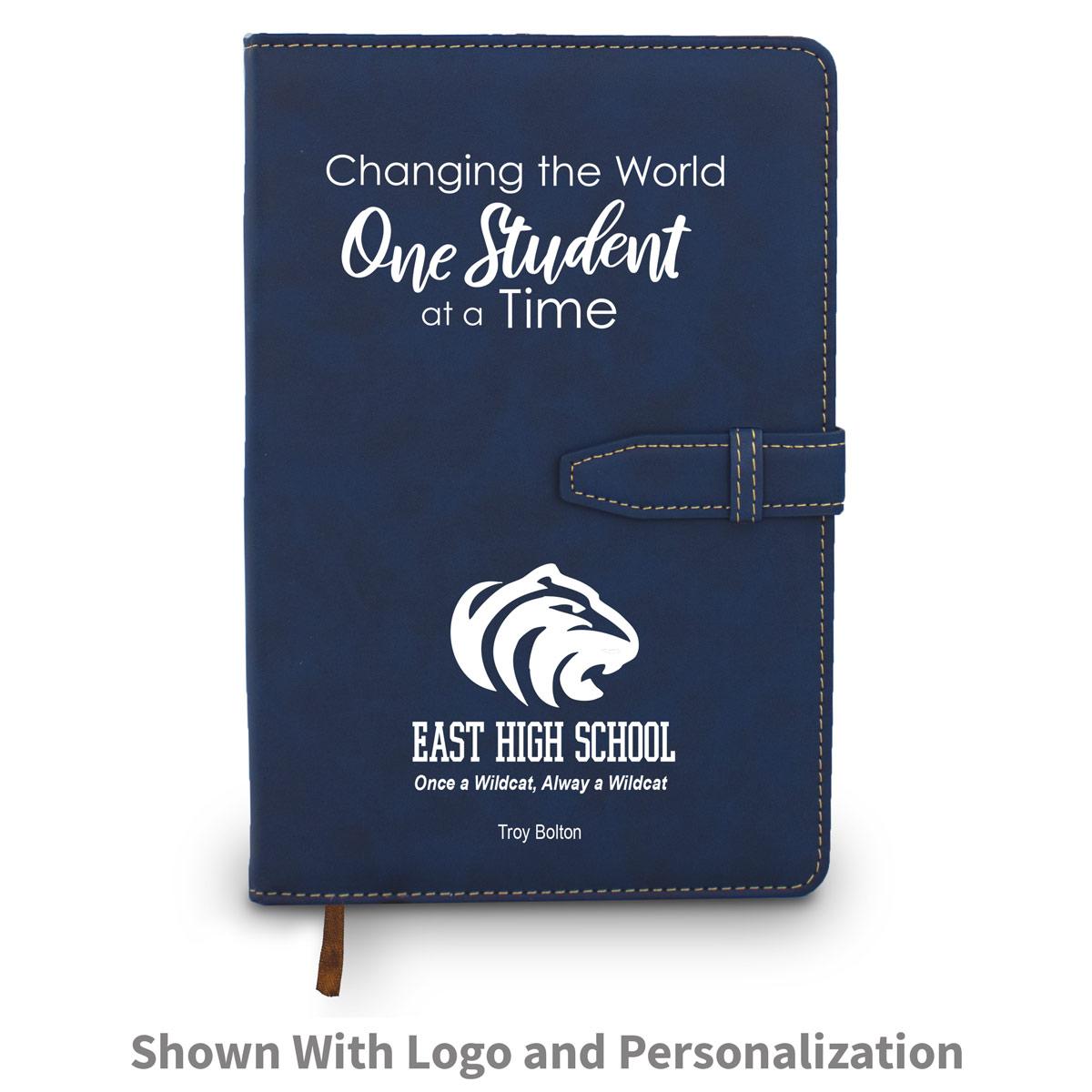 blue changing the world one student at a time hardbound journal with custom logo and personalization