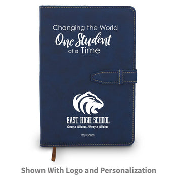 blue changing the world one student at a time hardbound journal with custom logo and personalization