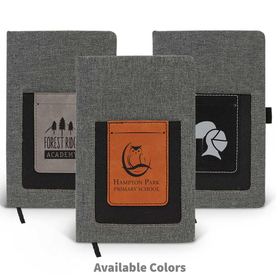 canvas journals with gray, brown, and black pockets and custom logos