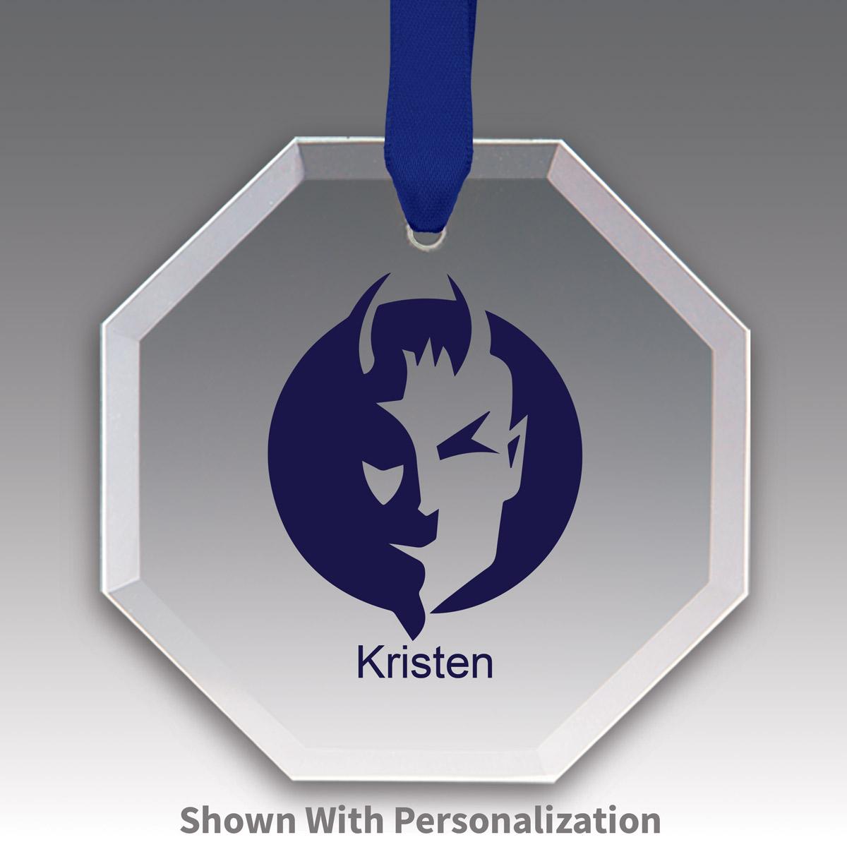 octagon crystal ornament with custom logo and blue ribbon