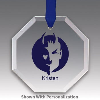 octagon crystal ornament with custom logo and blue ribbon