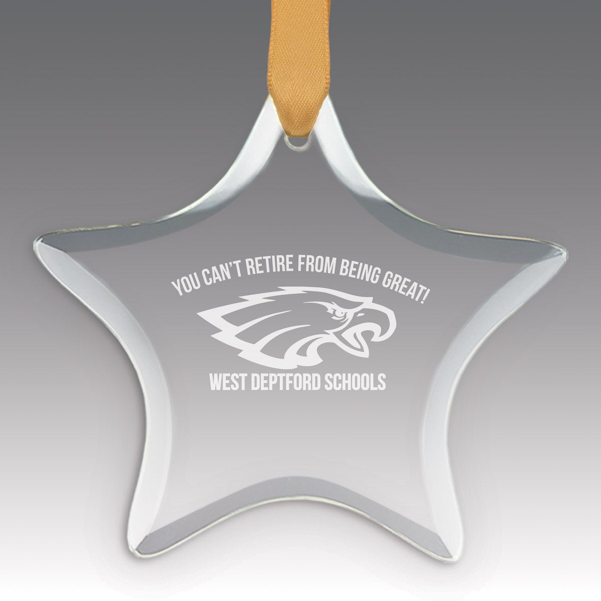 star shaped crystal ornament with custom school logo design and gold ribbon
