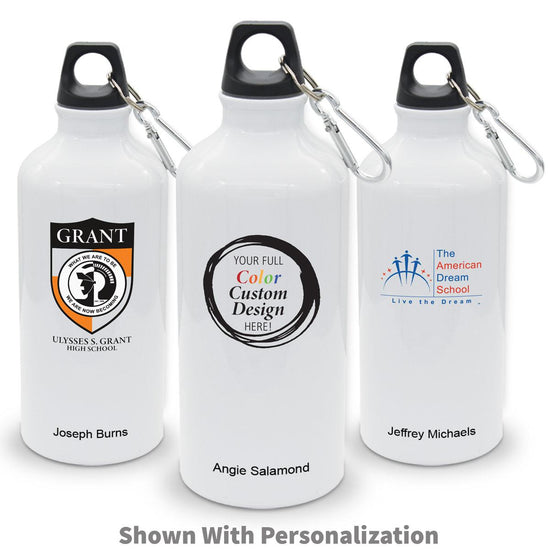 three white 20 oz aluminum carabiner canteens with custom logos