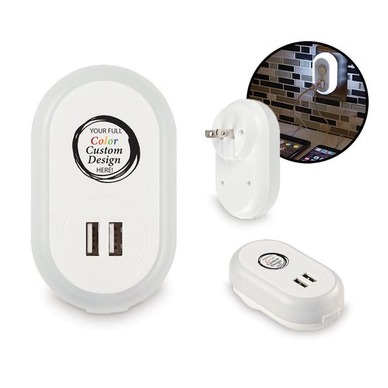 Plug-in LED light w/ USB ports featuring your full color custom logo