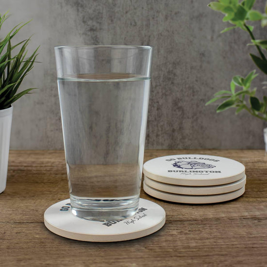 sandstone coasters with full color logo and glass of water