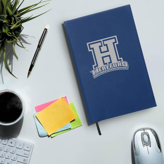 blue textured hardbound journal with custom logo