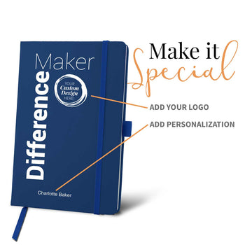 blue journal with difference maker message and add your logo