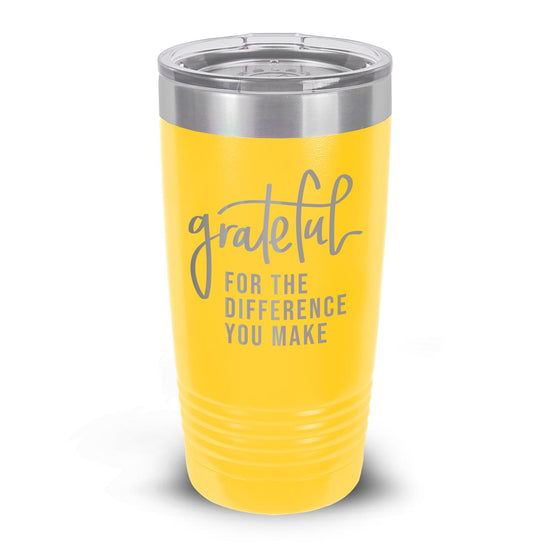 yellow stainless steel tumbler with grateful for the difference message