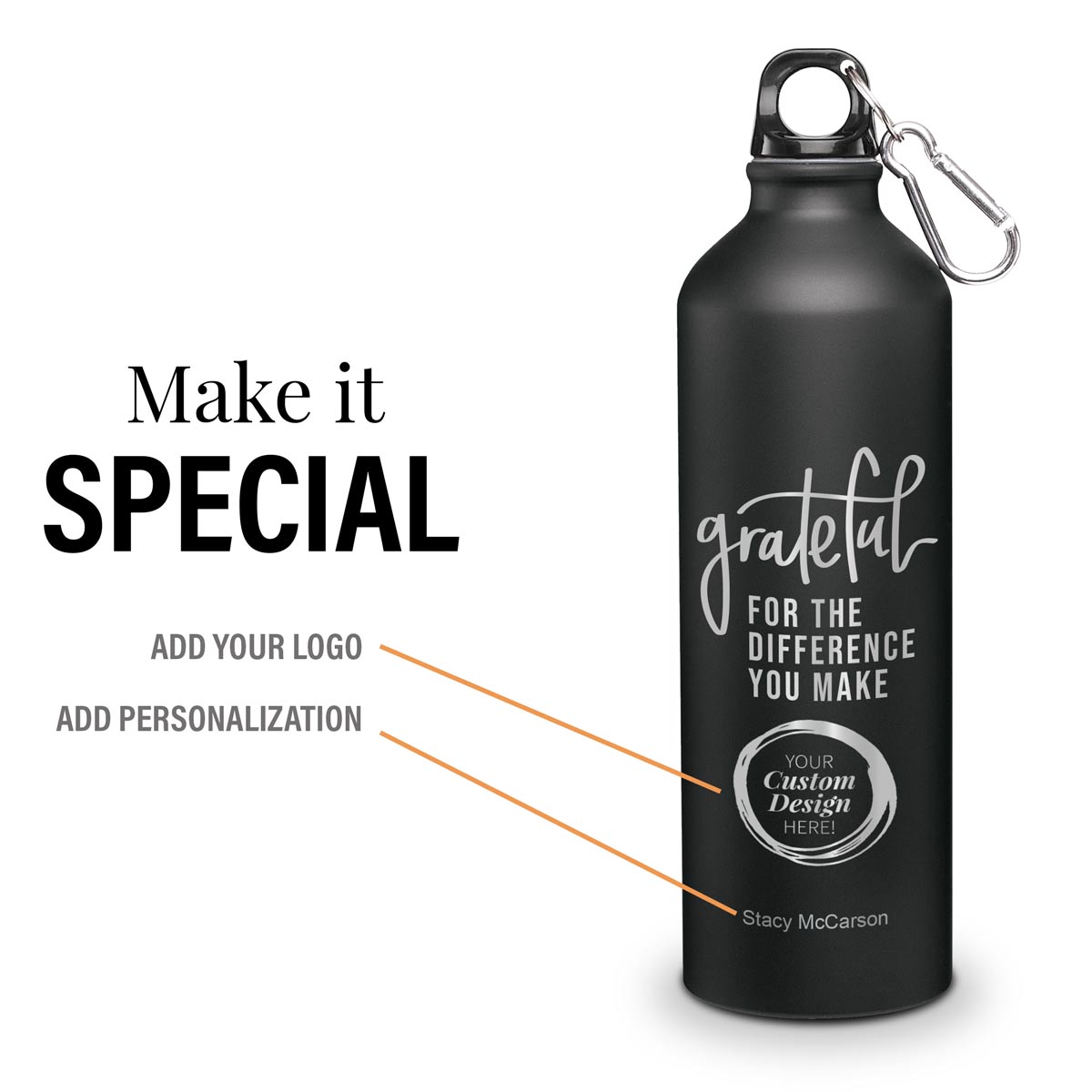 grateful for the difference black 24 oz carabiner canteen with add your logo and personalization