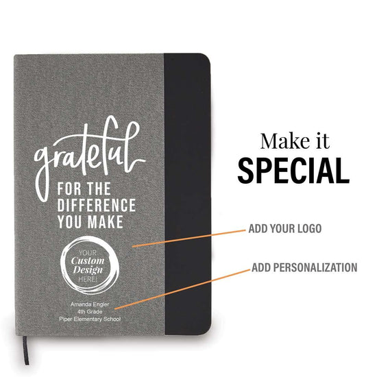 heather gray journal with black accents featuring grateful message and add your logo
