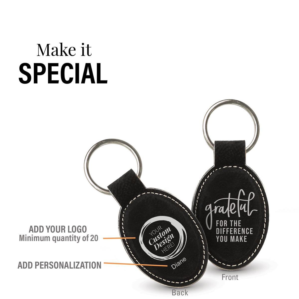 black oval leather keychain with grateful message and add your logo