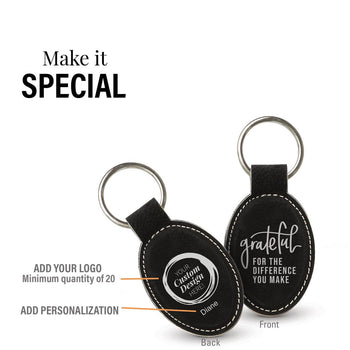 black oval leather keychain with grateful message and add your logo