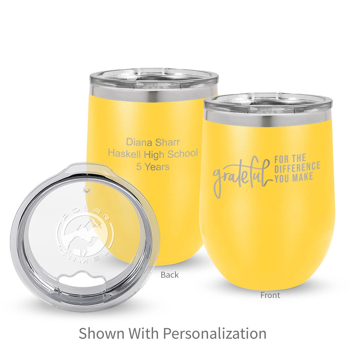 yellow 12 oz. stainless steel tumbler with grateful for the difference you make message and personalization