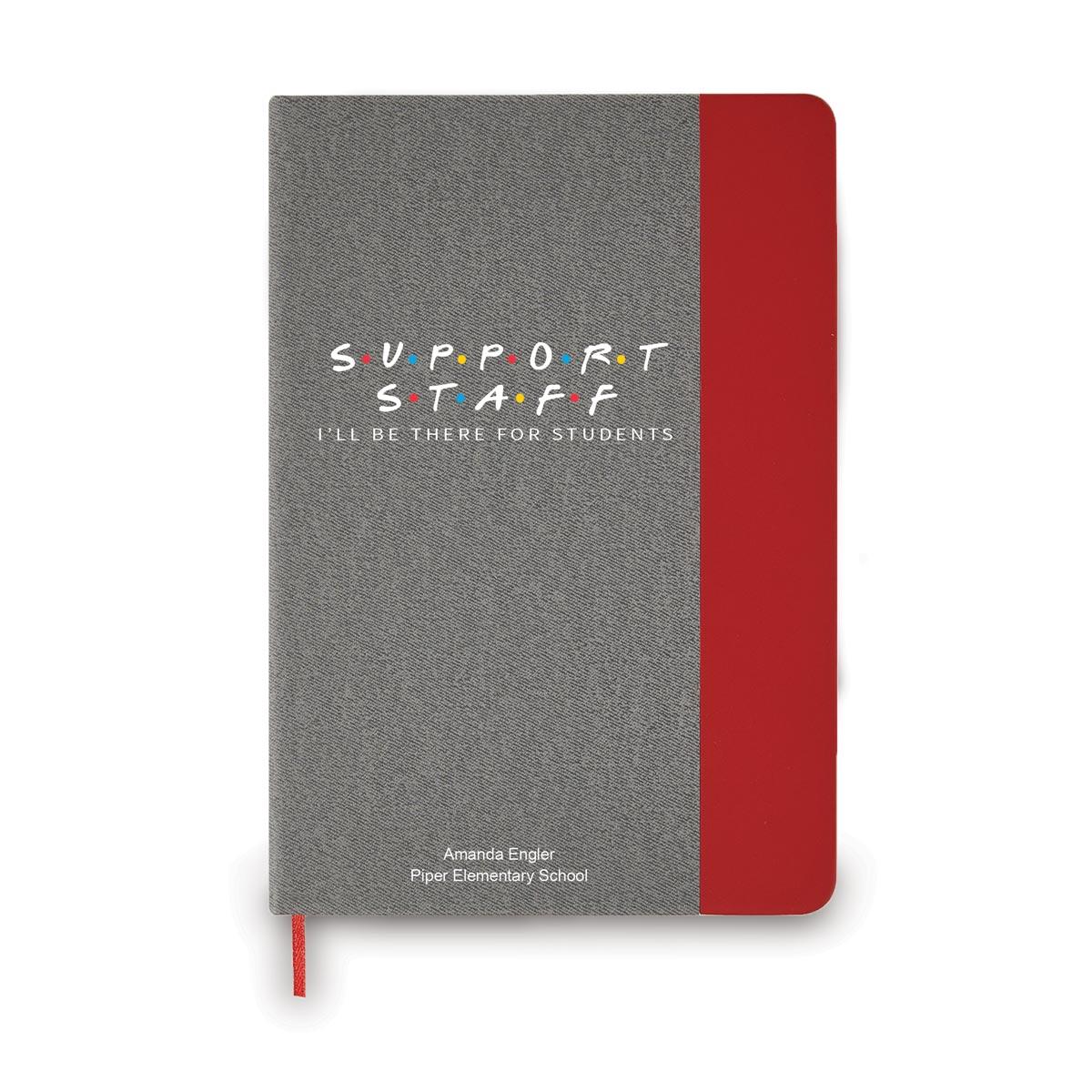 heather gray journal with red accents and support staff message and personalization