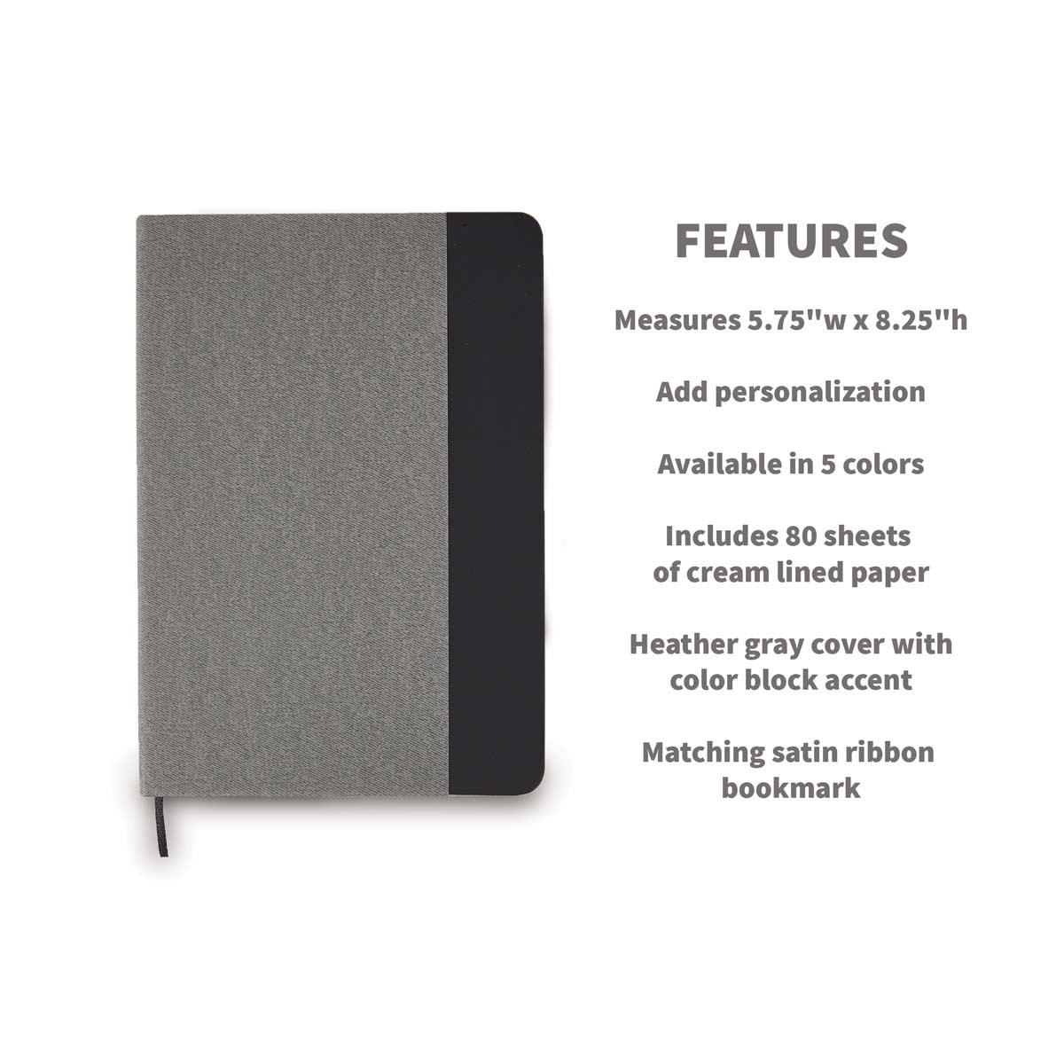 heather gray hardbound journals with black accent and product detail features