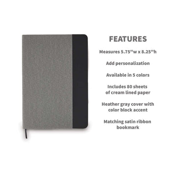 heather gray hardbound journals with black accent and product detail features