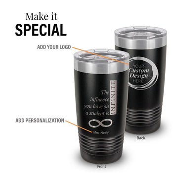 black stainless steel tumbler with infinity message and add your logo