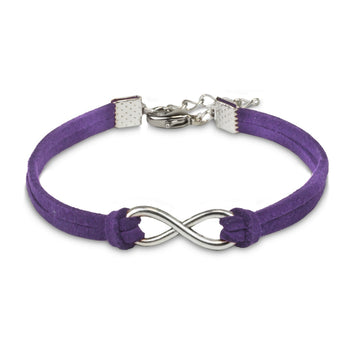 silver infinity charm with purple artificial leather bracelet