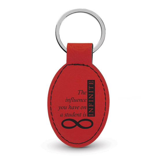 red oval leather keychain with infinity message