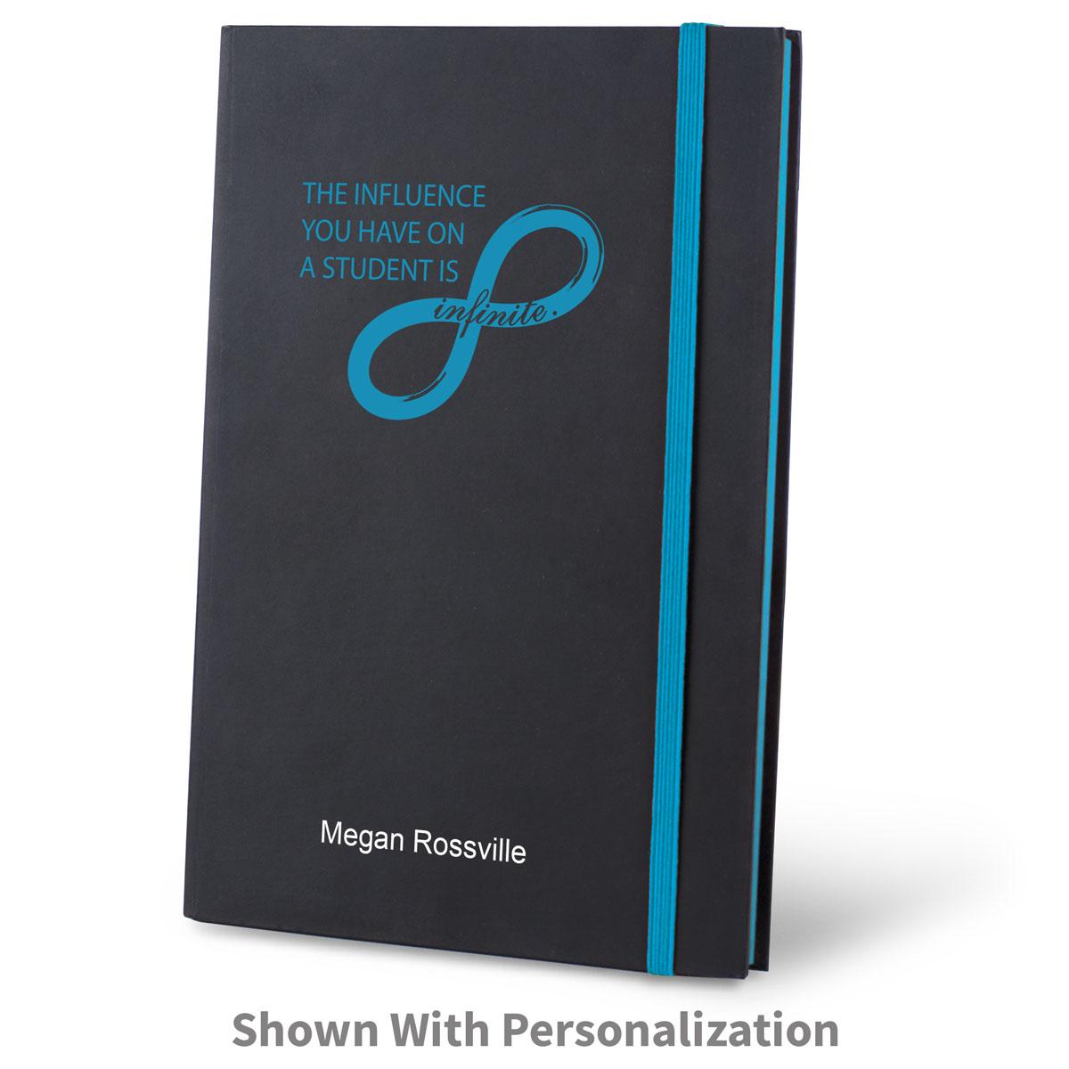infinity black journal with blue accents and personalization