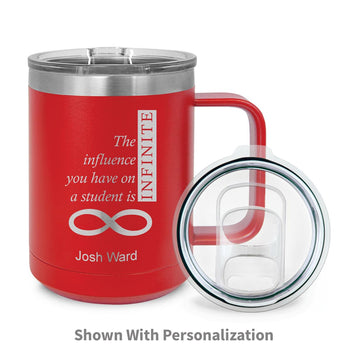 red stainless steel mug with infinity message and personalization