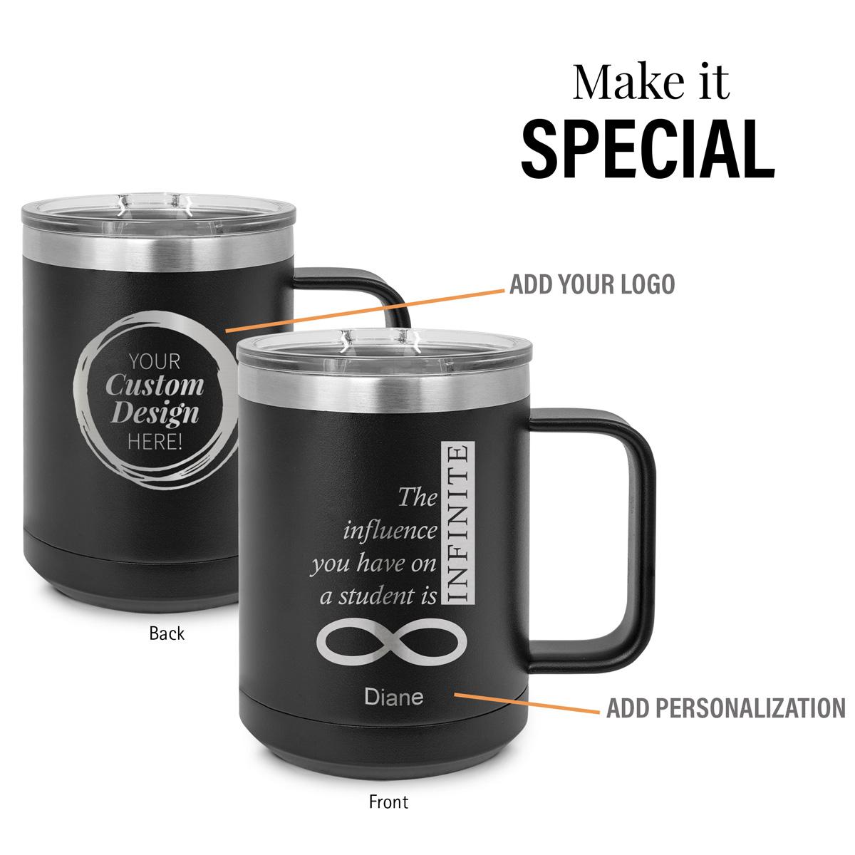 black stainless steel mug with infinity message and add your logo