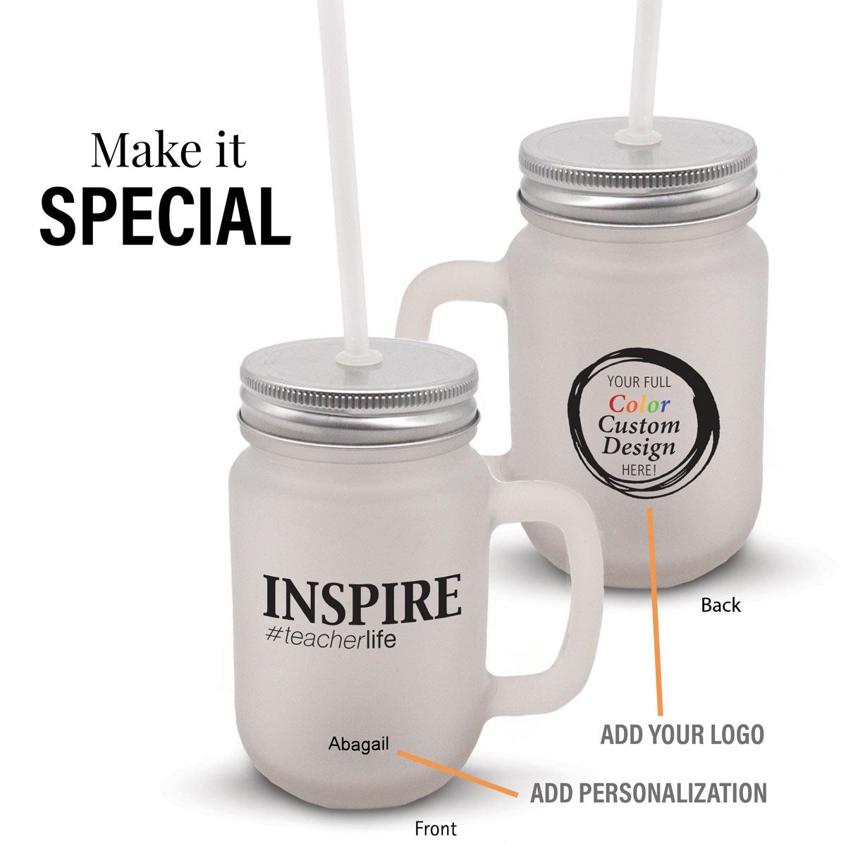 inspire #teacherlife frosted mason jar gift set with add your logo