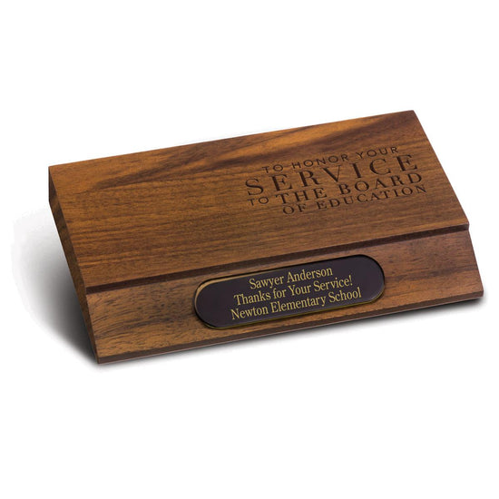 laser engraved walnut base with service to the board message message and personalized brass plate