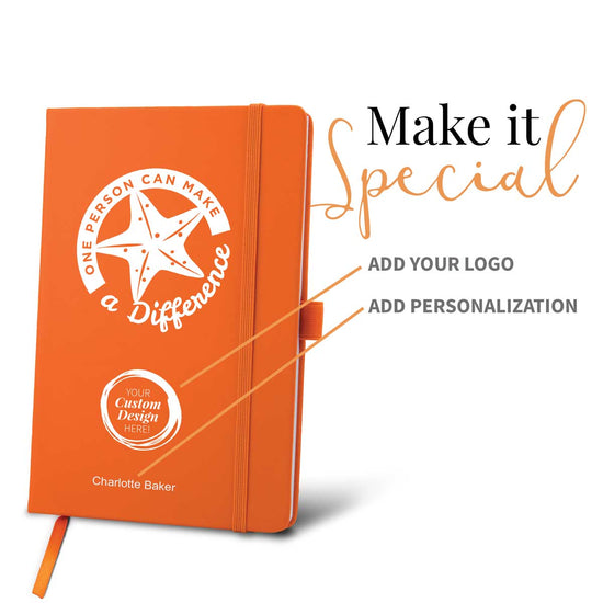 orange journal with make a difference message and add your logo