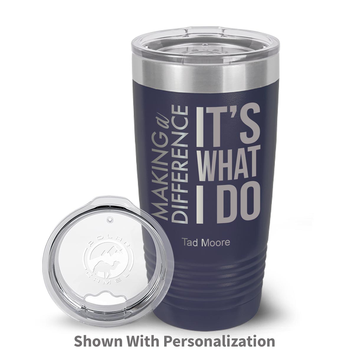 navy stainless steel tumblers with making a difference message and personalization