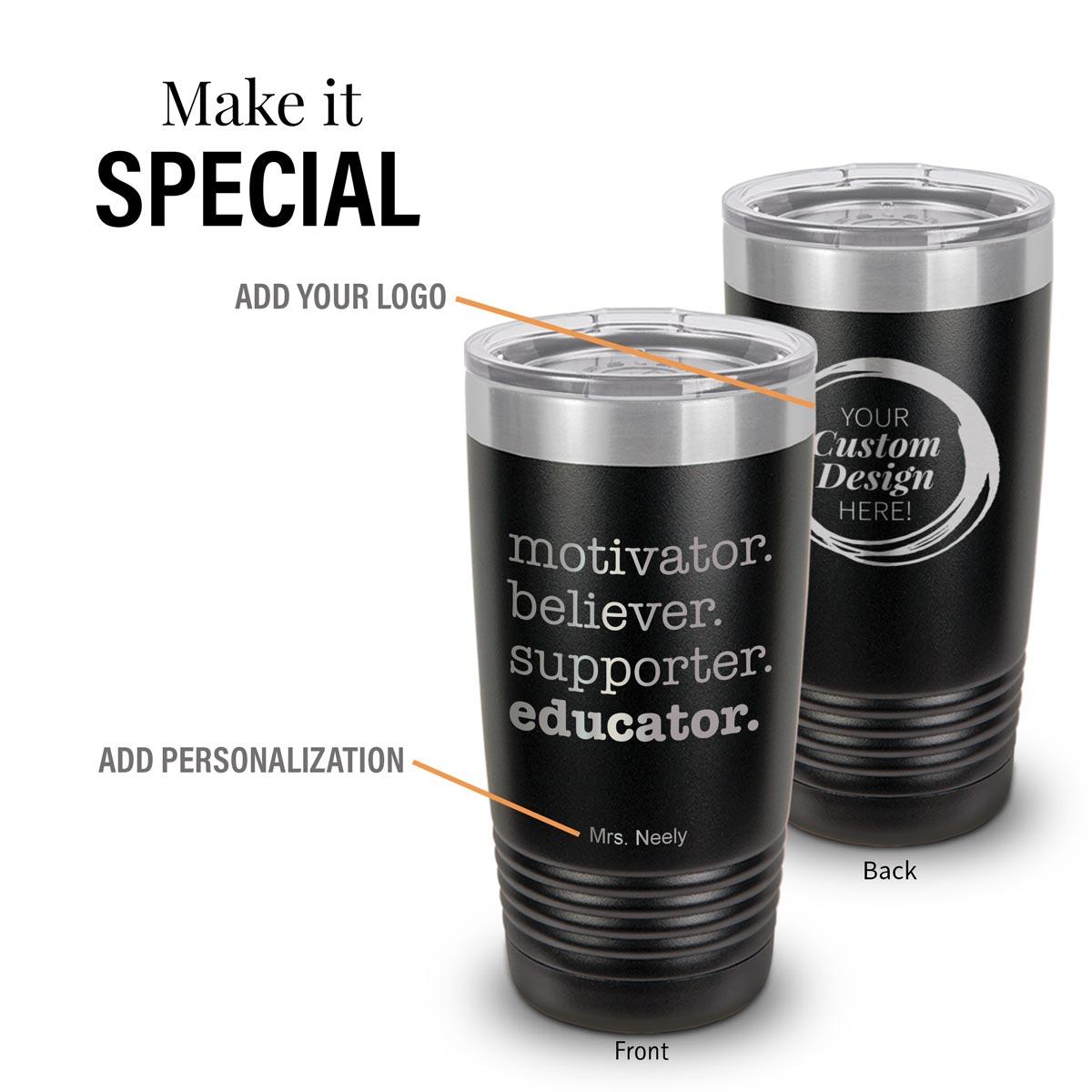 black stainless steel tumbler with motivator message and add your logo