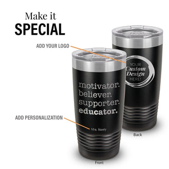 black stainless steel tumbler with motivator message and add your logo