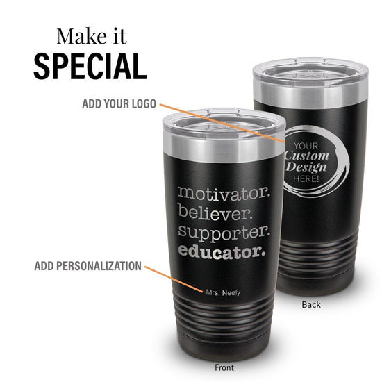 black stainless steel tumbler with motivator message and add your logo
